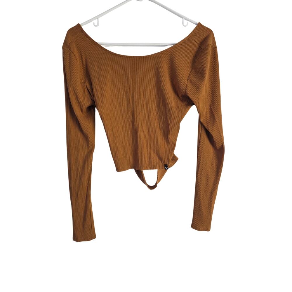 True Religion Open Back Long Sleeve Top L Womens Brown Ribbed Stretchy Pullover